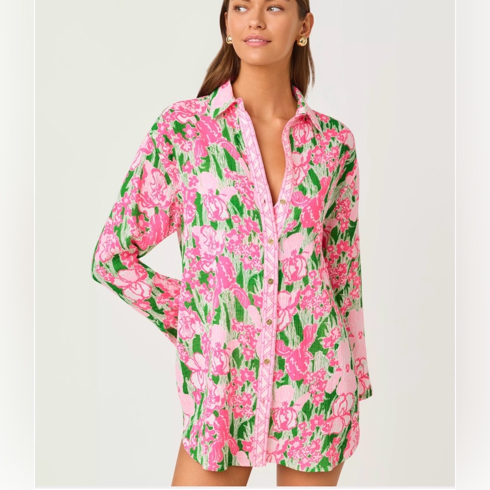 Lilly Pulitzer Pink & Green Floral Swim Coverup Shirt